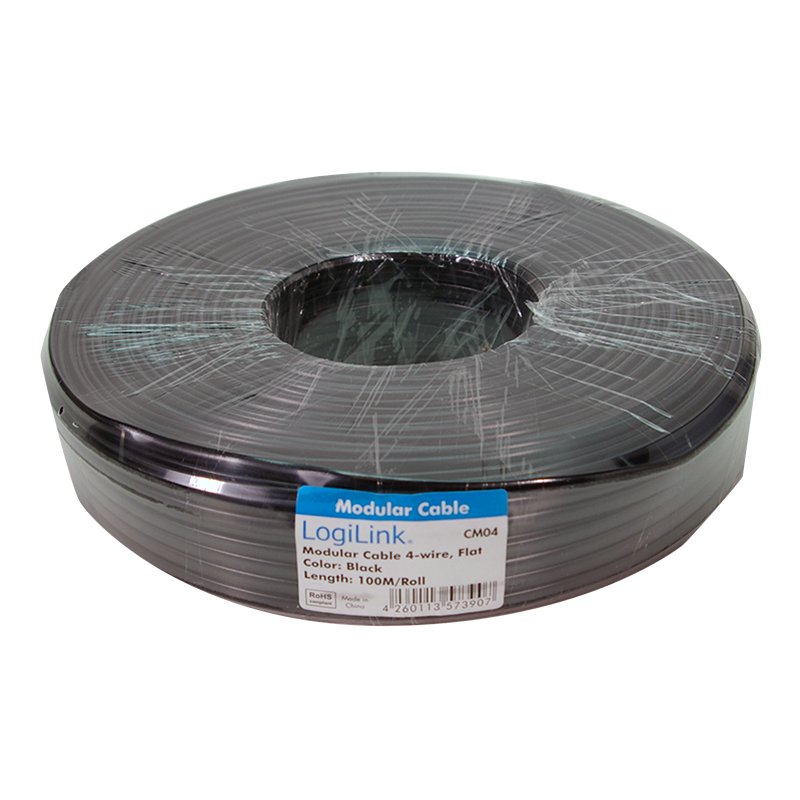 Telefoonkabel, 100 meter, 6-aderig, plat, wit.