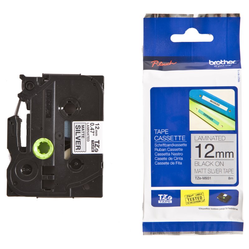 Brother TZe-334 labelcassette, 12mm breed, gouden tekst op zwarte band