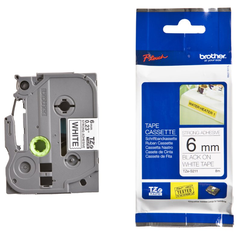 Brother TZe-S211 labeltape extra sterk 6mm zwart op wit