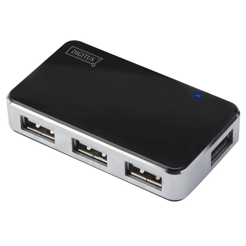USB 2.0 Mini Hub met 4 poorten, zilverkleurig, inclusief voedingsadapter