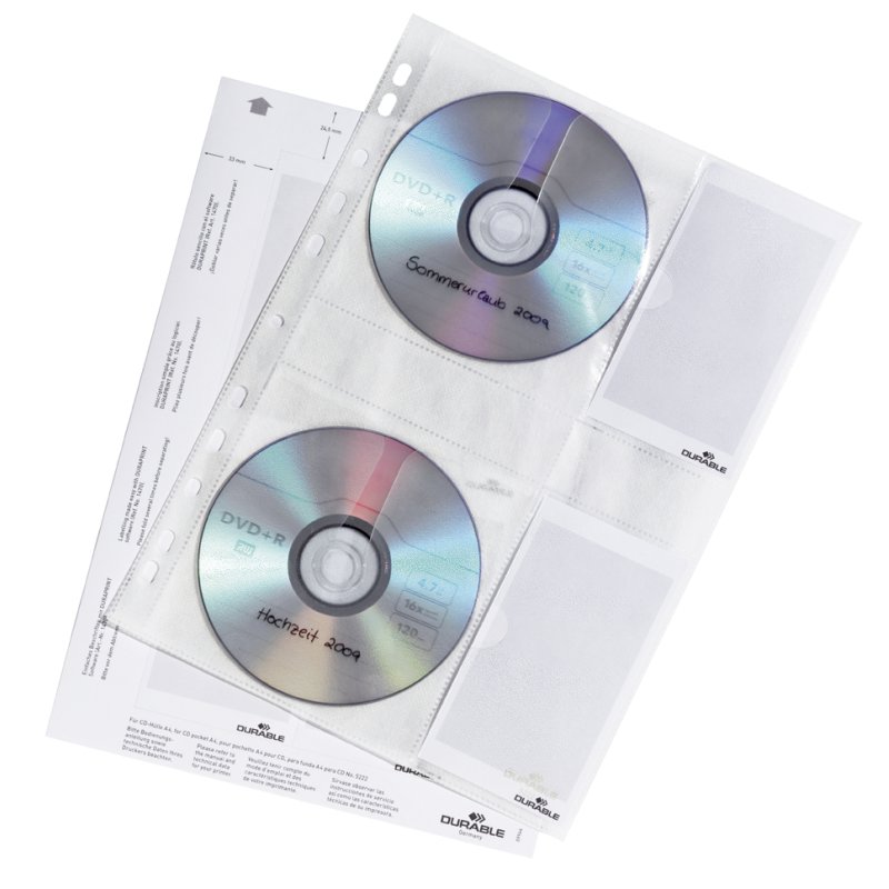 DURABLE CD/DVD hoezen voor 4 CD's, transparant, A4 formaat, 5 stuks