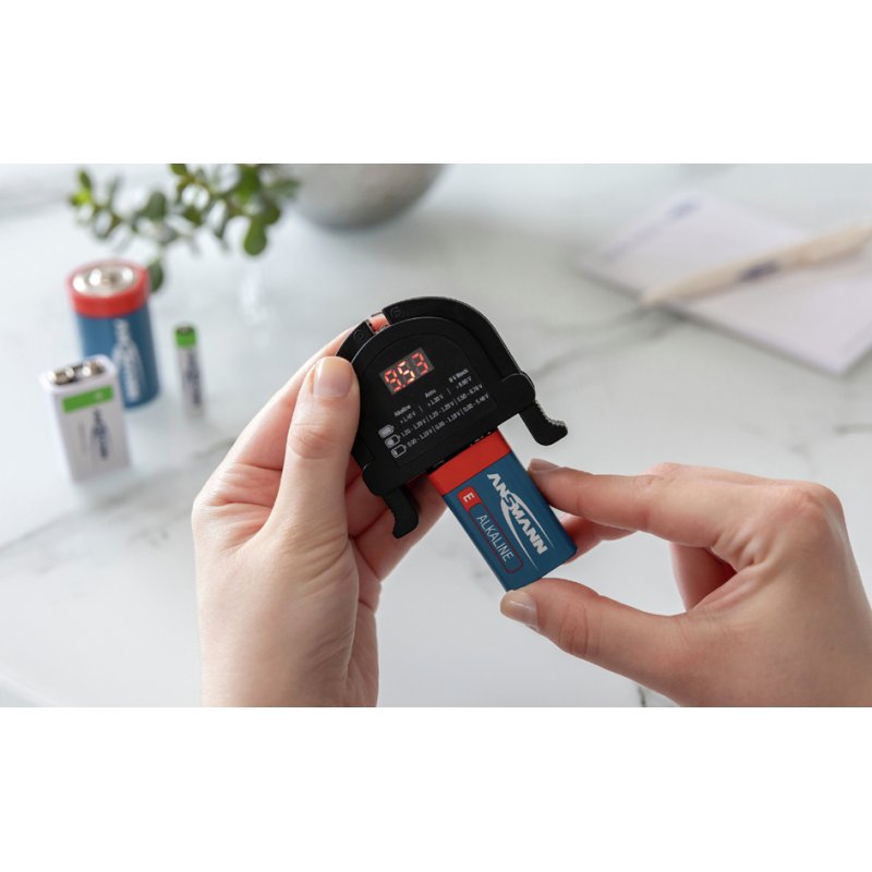 ANSMANN batterijentester voor knoop-, rond- en 9V batterijen, zakformaat