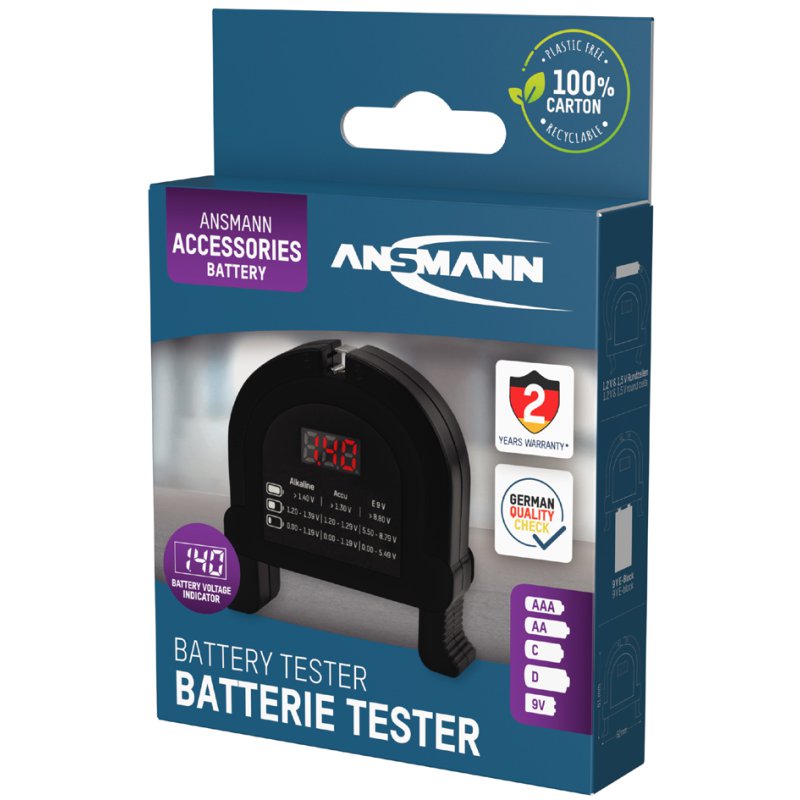 ANSMANN batterijentester voor knoop-, rond- en 9V batterijen, zakformaat