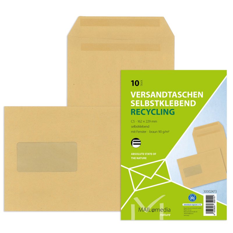 Versandtassen kraft bruin C5 met venster, zelfklevend 90g/m²