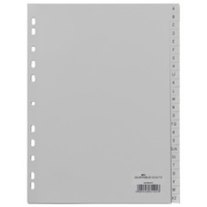 Duurzame kunststof alfabetregister A-Z formaat A4, grijs, 20-delig.