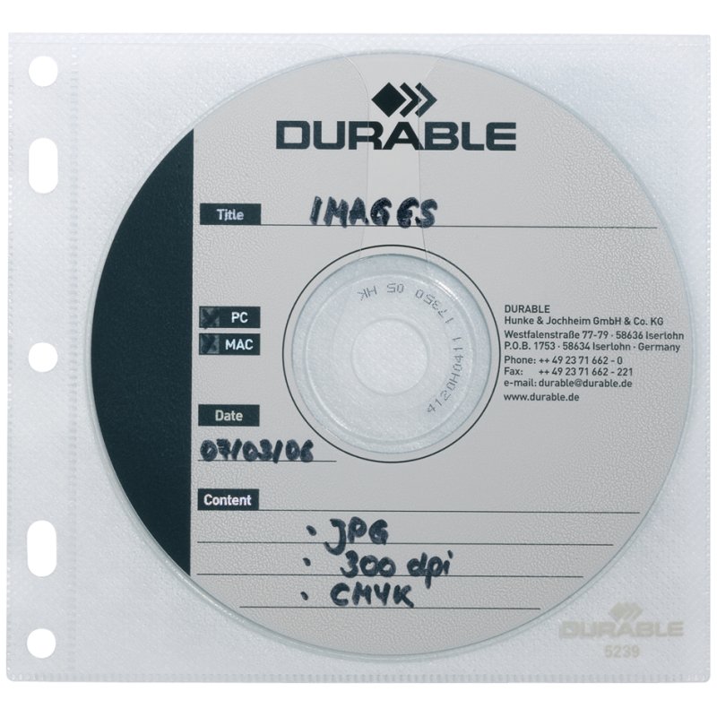 DURABLE CD/DVD hoezen transparant, perforatie voor ringband