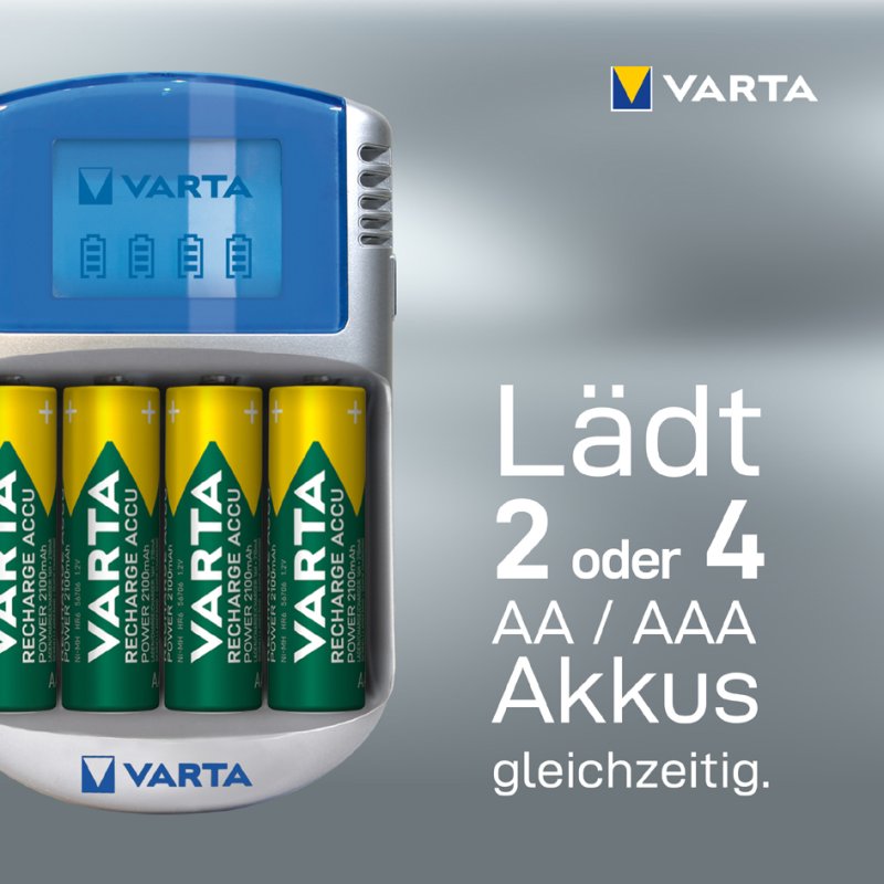 VARTA Batterijlader met LCD Display, USB en 12V Adapter inclusief 4 AA Batterijen