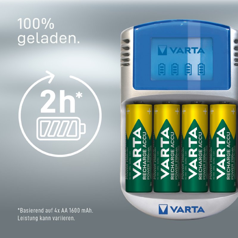 VARTA Batterijlader met LCD Display, USB en 12V Adapter inclusief 4 AA Batterijen