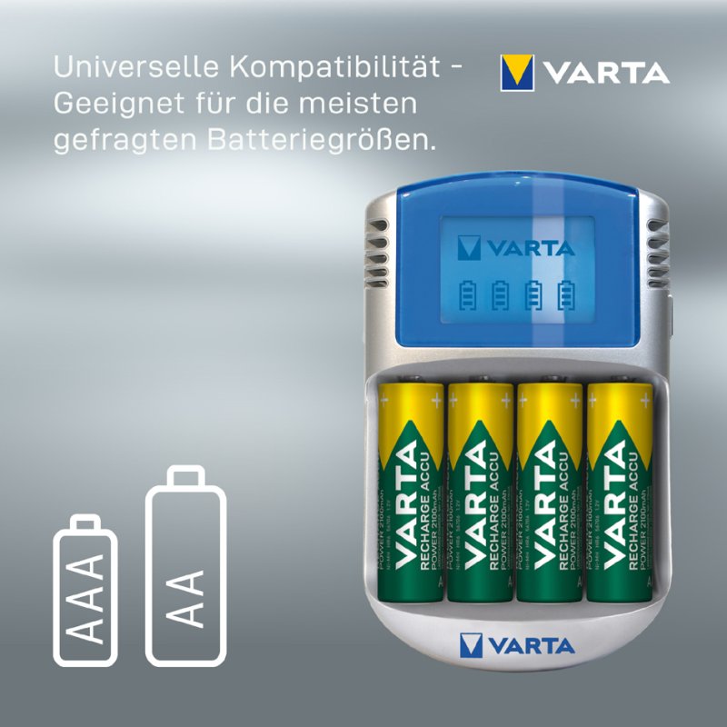 VARTA Batterijlader met LCD Display, USB en 12V Adapter inclusief 4 AA Batterijen