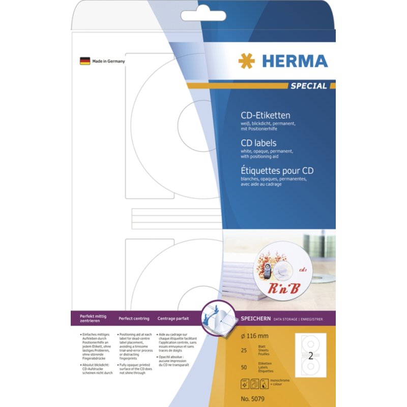 HERMA CD/DVD-etiketten wit 116 mm diameter, geschikt voor diverse printers