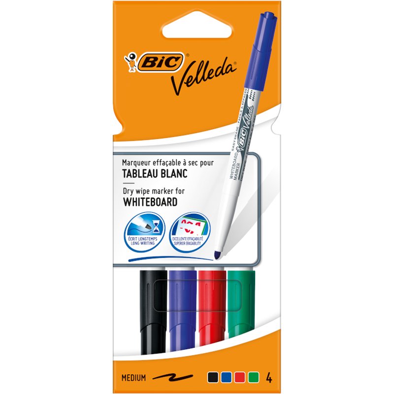 BIC Velleda Whiteboardmarkers rond 1,4mm, 4 kleuren