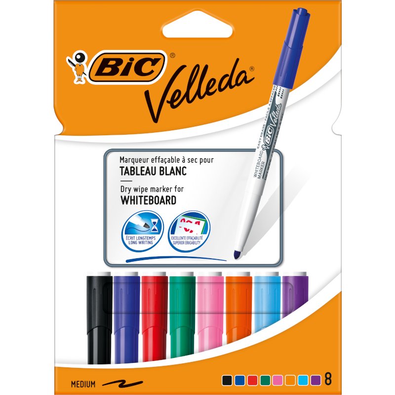 BIC Velleda Whiteboardmarkers rond 1,4mm, 4 kleuren