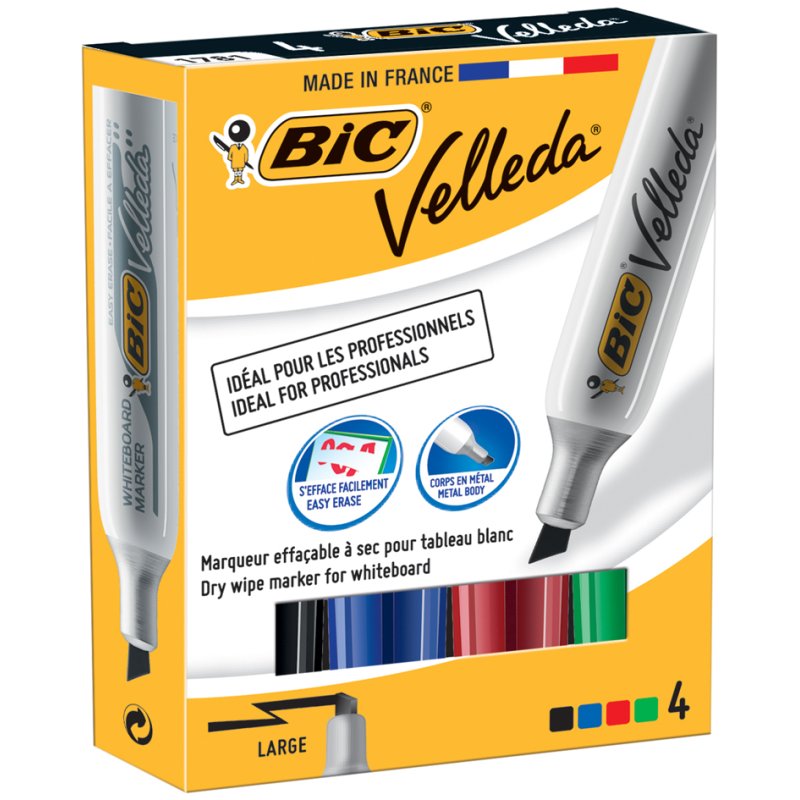 BIC Whiteboard markers Velleda 1781, wigvormige punt, 4 stuks