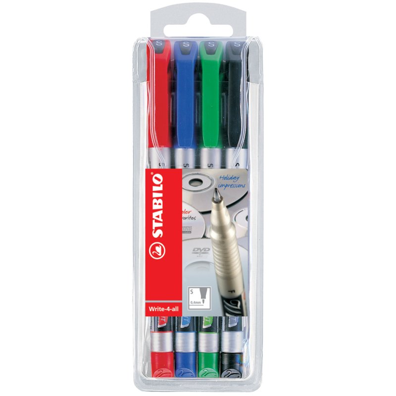 Stabilo Permanente Marker Schrijf-Voor-Alles, M, Kunststofhouder voor 4 stuks