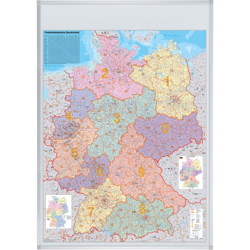 FRANKEN Deutschland postcode kaart, 98 x 138 cm, aluminium frame, schaal 1:750.000
