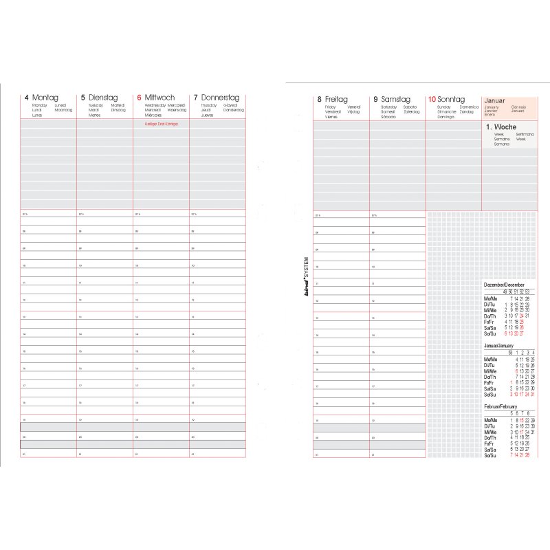 Bind vervangkalender 2027, A5 agenda, weekkalender, 6-talig