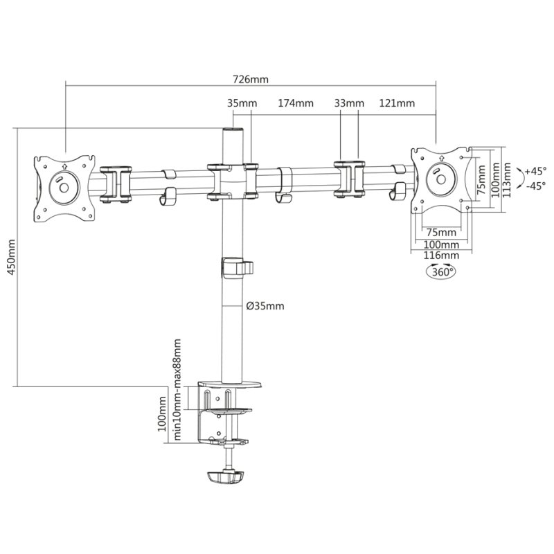 DIGITUS Universele Dual Monitorarm met klemvoet, zwart