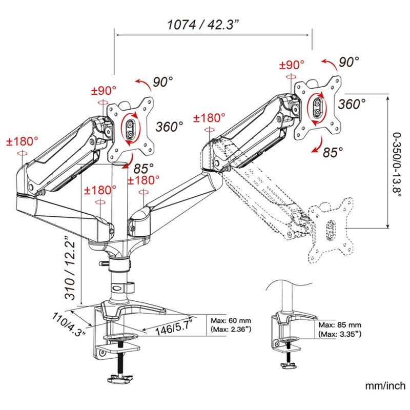 DIGITUS Dubbele monitor arm voor LCD/LED-schermen, met klemvoet