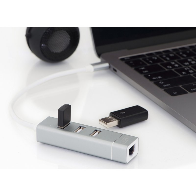 USB 2.0 naar Fast Ethernet adapter met 3-poorts USB-hub