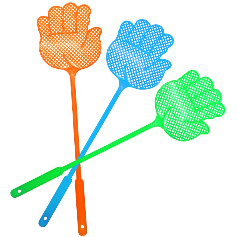 Vliegenmepper kunststof handvorm 44 cm gekleurd