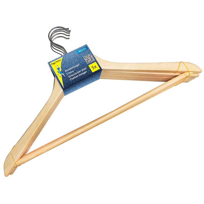 Houten kledinghanger met stang, naturel, set van 5