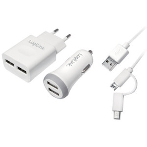 LogiLink USB oplader set 2-delig auto en stopcontact 2x USB-poort
