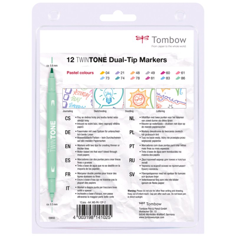 Tombow TwinTone Pasteltinten, set van 12 dubbele viltstiften.