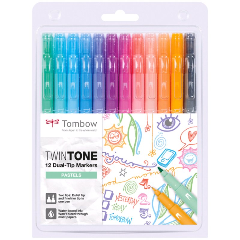 Tombow TwinTone Pasteltinten, set van 12 dubbele viltstiften.