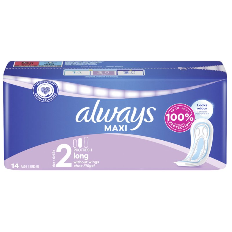 always Maxi maandverband Profresh Long, maat 2, zonder vleugels, 12 stuks