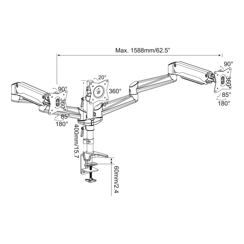 DIGITUS TFT/LCD monitorarm met gasdrukveersysteem voor 3 monitoren