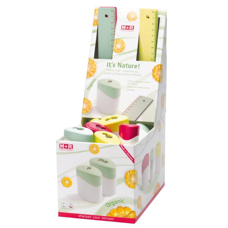 M+R schooldisplay Green Line Collection puntenslijpers en linealen