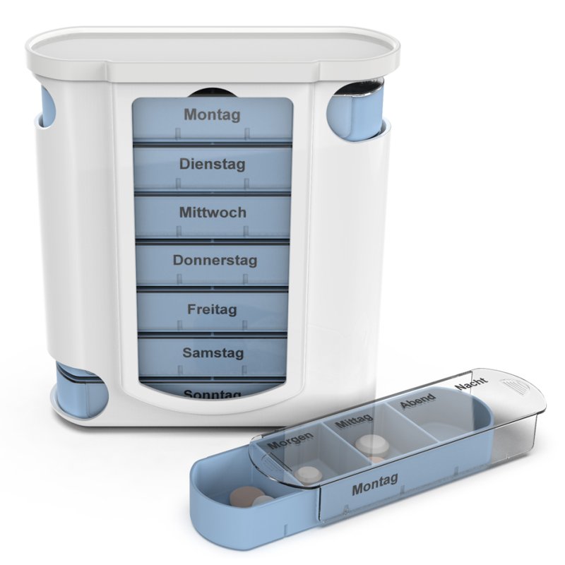 Medicijnverdeler voor 7 dagen, 4 vakken, blauw/wit