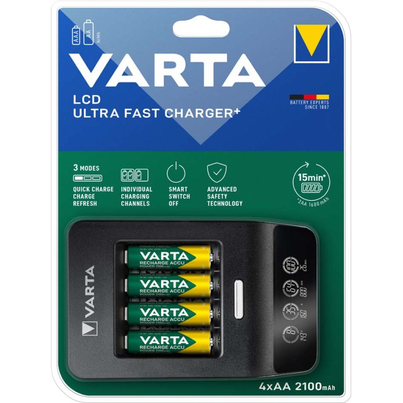 VARTA LCD Ultra Fast batterijlader met 4 AA batterijen