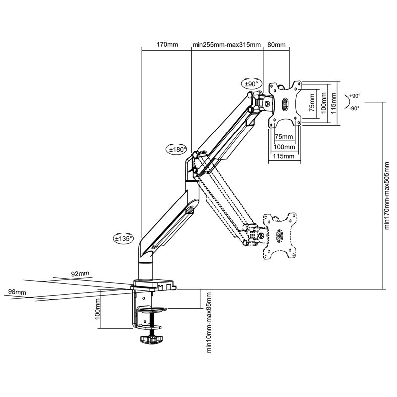 DIGITUS universele monitorarm voor 15-32 inch beeldschermen met klem