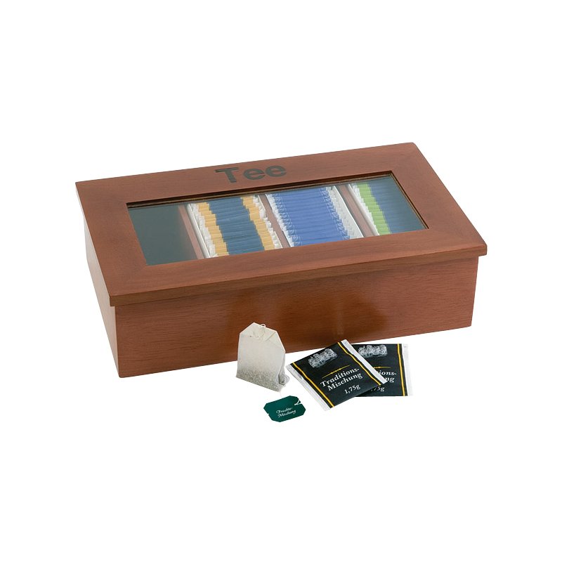 APS Theedoos, houten uitvoering, 4 vakken, donkerbruin