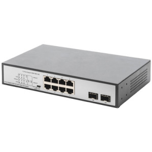 19" Gigabit PoE-switch, 8 poorten, onbeheerd, 2 uplinks.