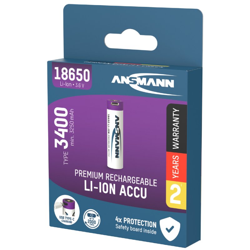 ANSMANN Li-Ion accu 18650 met USB-C aansluiting, 2.600 mAh