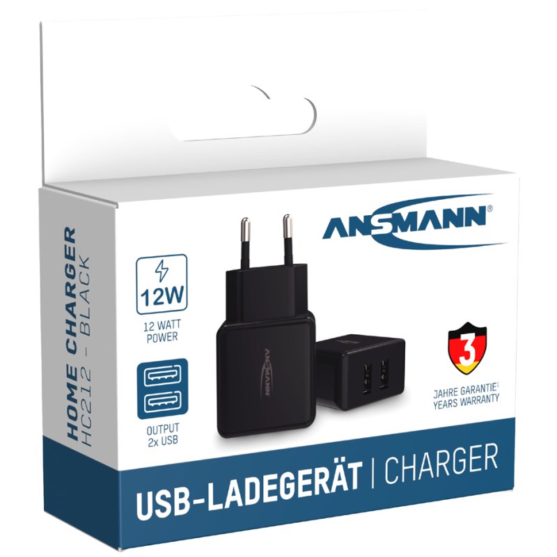 ANSMANN - USB-thuislader met 2 USB-A-poorten - Model HC212