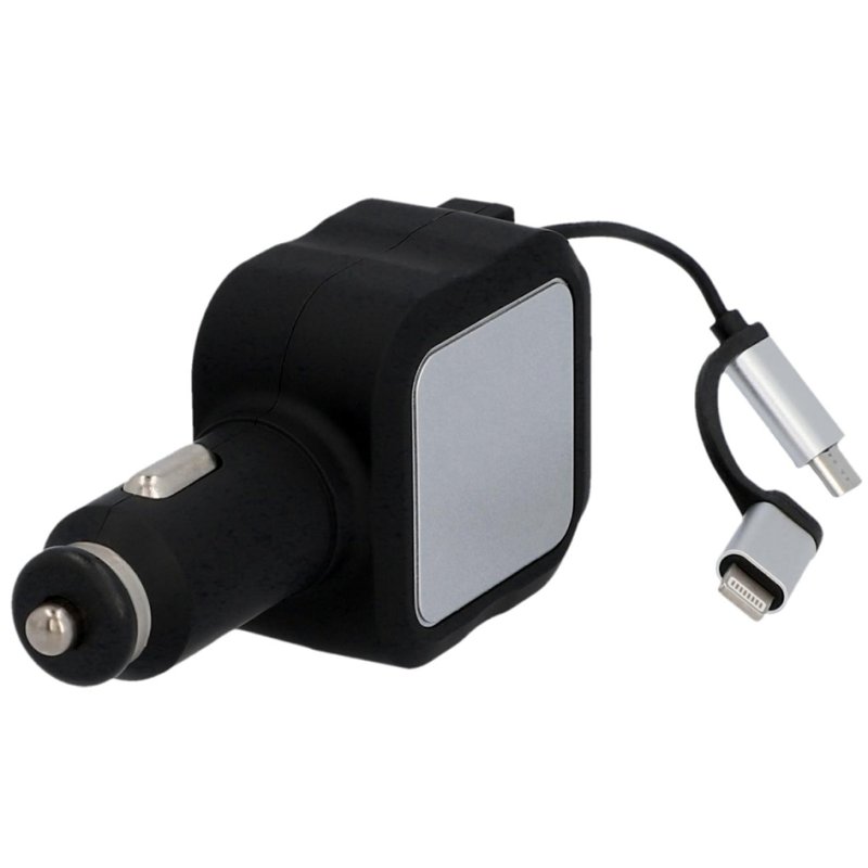 Cartrend dubbele USB autolader met uitschuifbare micro-USB kabel, zwart