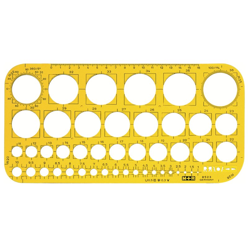 M+R cirkelsjabloon 1-36 mm, geel-transparant