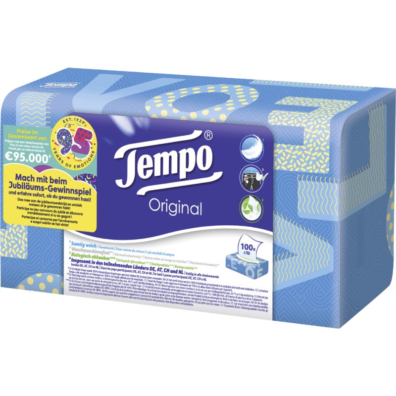 Tempo Zakdoekjes Original, 4-laags, wit, doos met 100 stuks