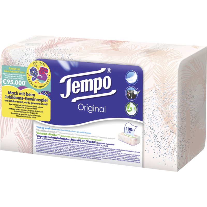 Tempo Zakdoekjes Original, 4-laags, wit, doos met 100 stuks