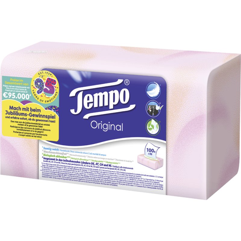 Tempo Zakdoekjes Original, 4-laags, wit, doos met 100 stuks