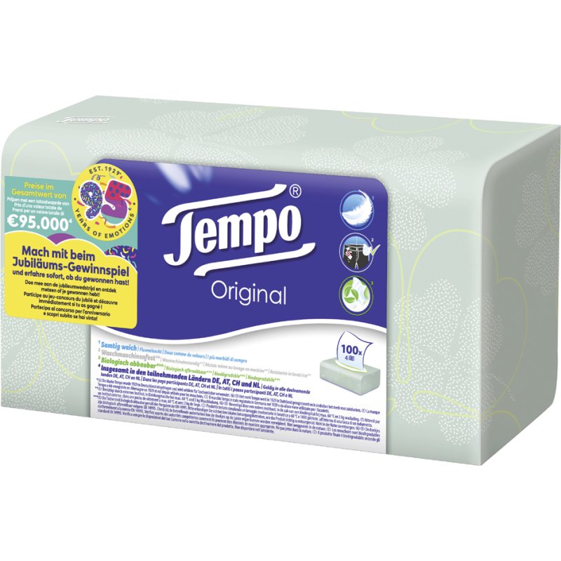 Tempo Zakdoekjes Original, 4-laags, wit, doos met 100 stuks