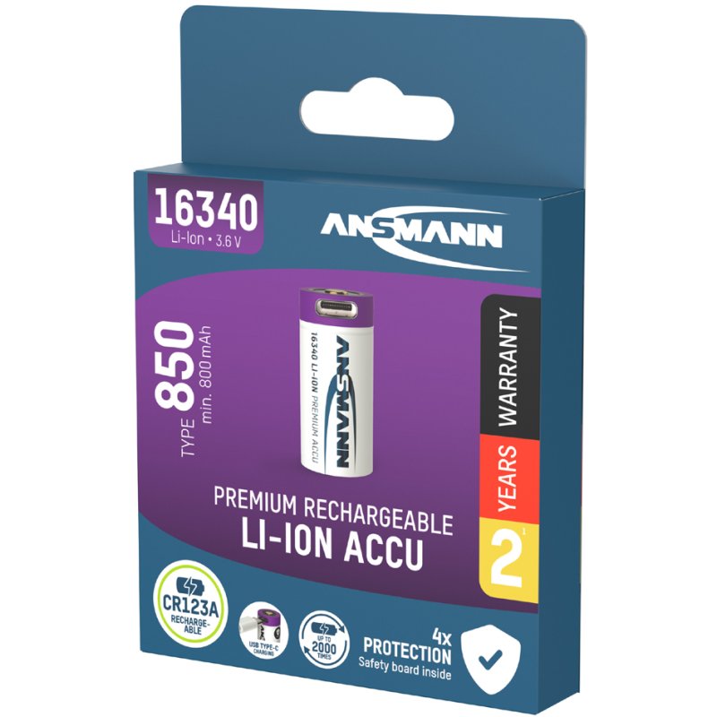 ANSMANN Li-Ion accu 16340 met USB-C aansluiting, 850 mAh