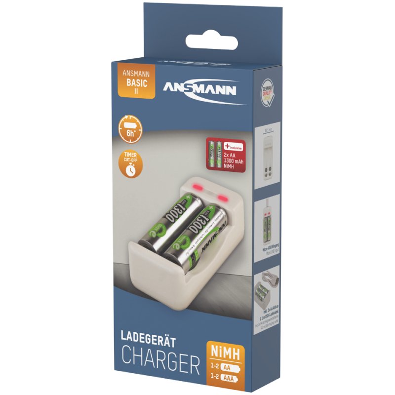 ANSMANN Basic II oplader met 2 AA batterijen 1.300 mAh