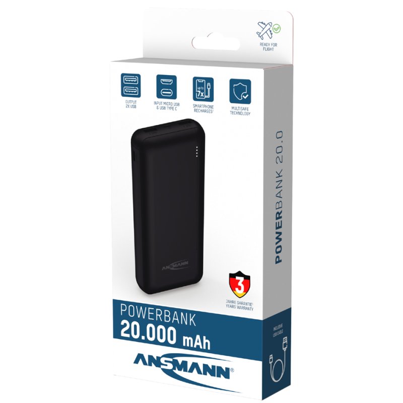 ANSMANN - Powerbank 20.000 mAh - Kleur: Zwart