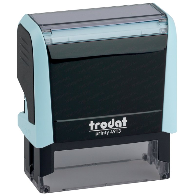 Trodat tekststempel automatisch, pastel blauw.