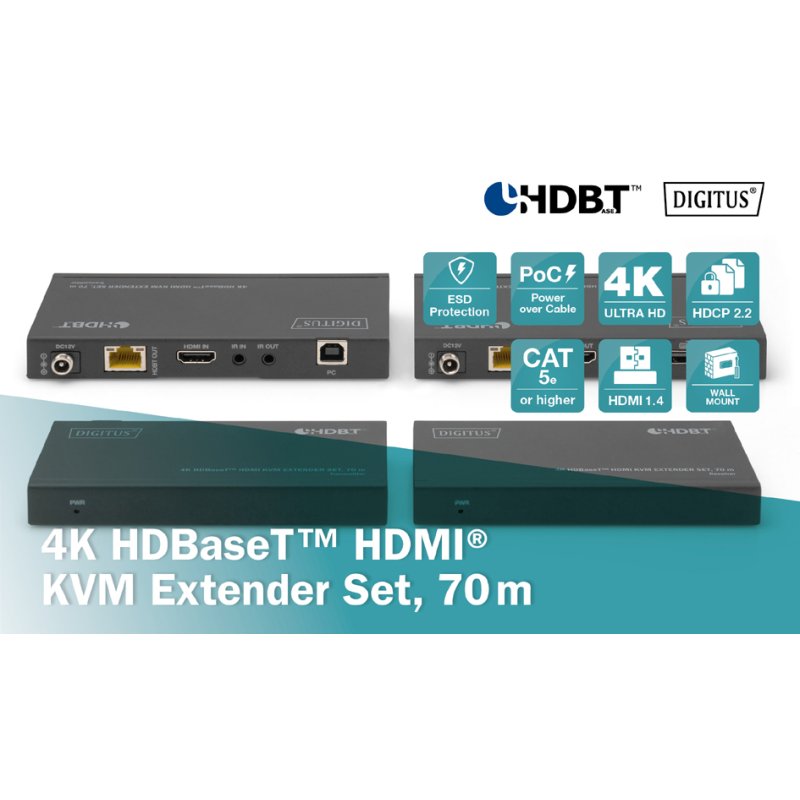 DIGITUS 4K HDBaseT HDMI KVM verlengset 70m zwart