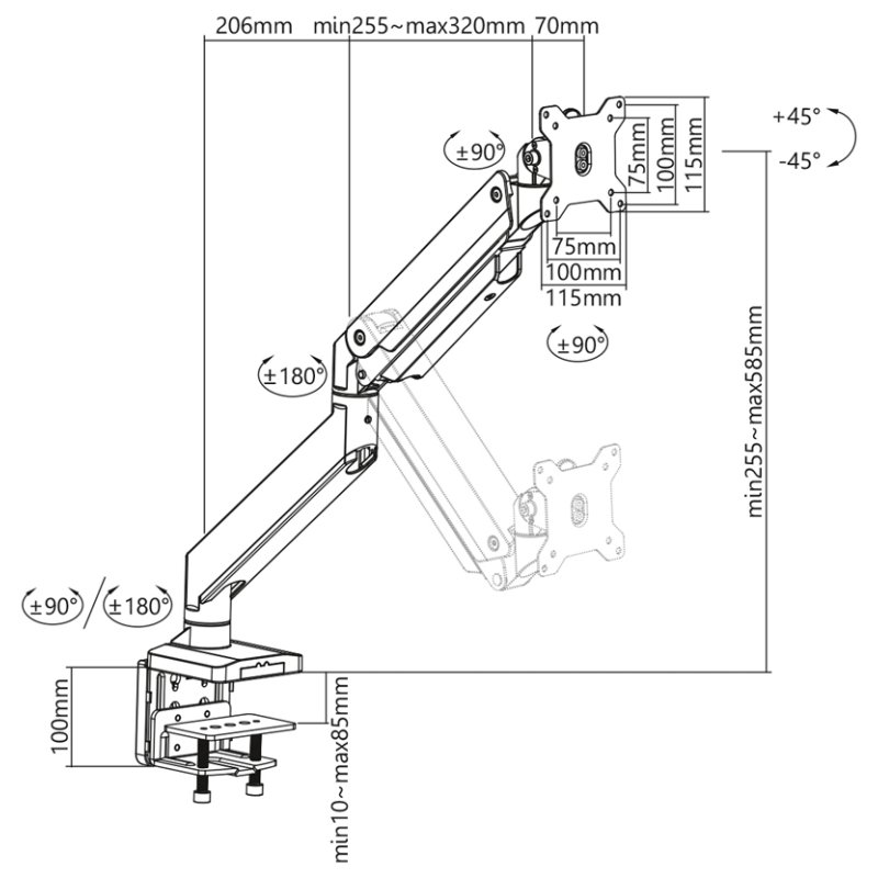 DIGITUS Universele Monitorarm met klembevestiging, zwart